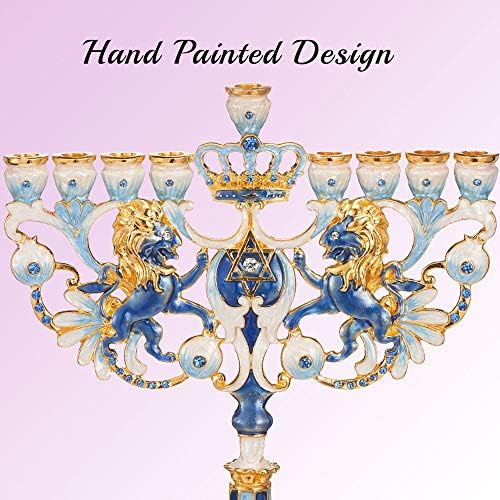 Matashi Hand Painted Blue and Ivory Regal Lion Menorah Candelabra - Image 5