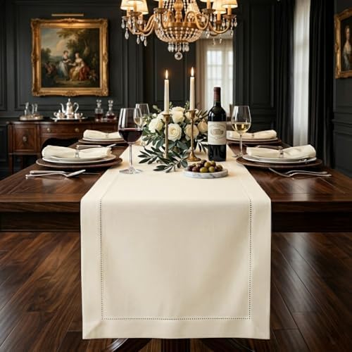 Signature Linen™ by D'Moksha, Ivory Table Runner 132 Inches Long, 100% Pure Linen, Hemstitch, Extra Long Table Runner, 14 x 132 Inch for Dining- Fall, Weddings, Outdoor Hosting by DMokshaHomes