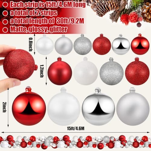 2 Pcs 15 ft Christmas Ball Ornament Garland, Red, White, Silver - Image 2