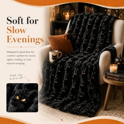 Halloween Plush Throw Blanket, 60 x 67 Inch Faux Fur Cozy Seasonal Throw with Raised Embroidered Black Cat Pumpkin or Ghost Details for Couch, Bedroom Living Room Fall Party Decor (Ghost) - Image 4