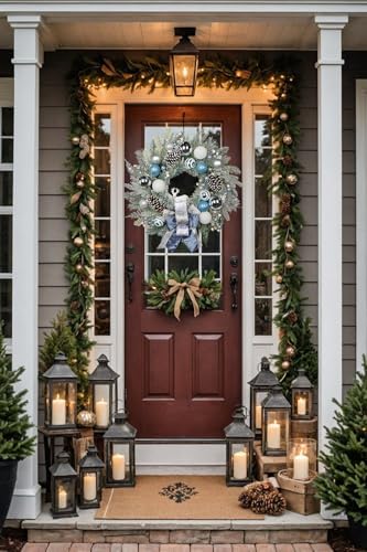 24" Christmas Wreath for Front Door Artificial Unlit Winter Wreath with Pine Cones, Berry Clusters, Blue Ball Ornaments and Ribbon for Thanksgiving Holiday Christmas Decoration - Image 4