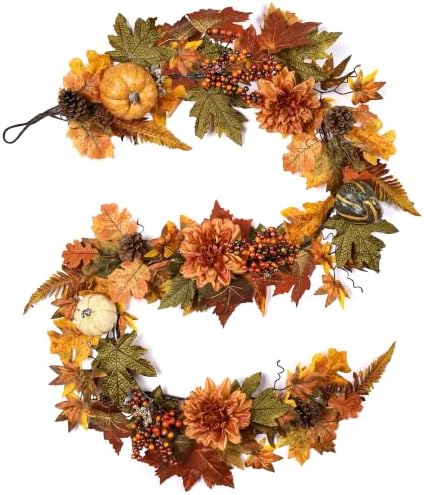 6 Ft Realistic Fall Garland for Mantle Autumn Maples Leaf Pumpkin Garland with Berries Pine Cones Dahlia for Fireplace Doorway Party Thanksgiving Halloween Farmhouse Porch Indoor Outdoor Decorations by Ghrdopy