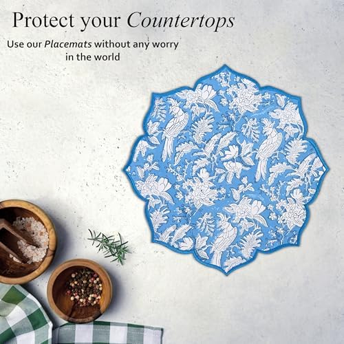 CPC Blue Sapphire Block Print Cotton Floral Placemat 15x15 Inch, Set of 4 - Image 5