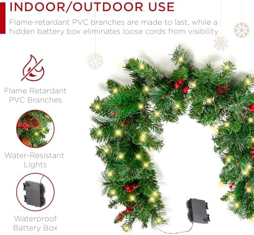 Best Choice Products 9ft Pre-Lit Holiday Pre-Decorated Christmas Garland for Stairs, Fireplace, Decoration w/PVC Tips, 50 Lights, Pine Cones, Berries - Unflocked - Image 4