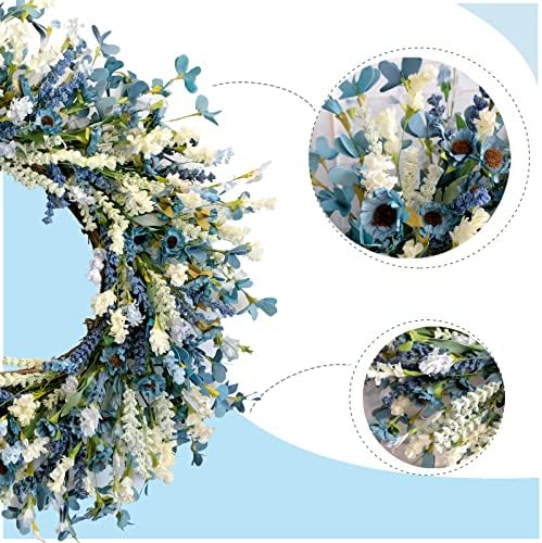 26 Inch Summer Spring Blue Ivory Lavender Flower Wreath for Front Door, Rustic and Farmhouse Wild Flowers Wreath for Inside and Outside, Coastal Blue Home Decorating - Image 2