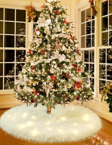 Multiwins 60 Inch Faux Fur Christmas Tree Skirt, Fluffy Plush Skirt for Christmas Tree, White Christmas Tree Rug Skirt Perfect for Christmas Party Decorations - Image 4