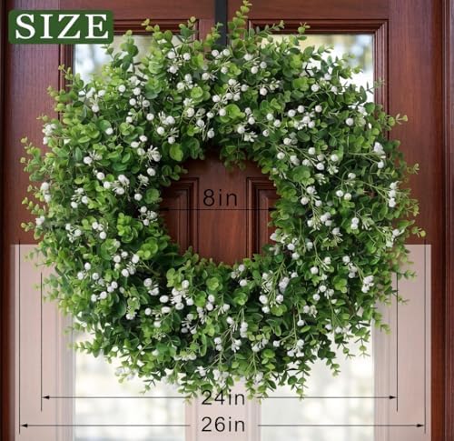Artificial Boxwood Wreath for Front Door, Farmhouse Year Round Greenery Wreath, Indoor Outdoor with Hanging Tag and Scarf DIY Decor, All Seasons Holiday Decoration (24Inch) - Image 4
