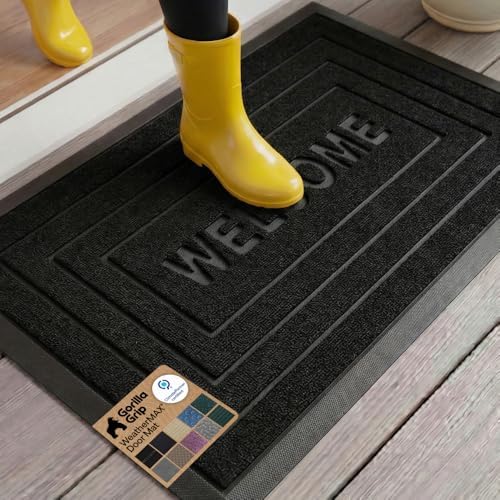 GORILLA GRIP WeatherMAX Door Mat, Indoor Outdoor Use, 29x17, Black Welcome by GorillaGrip