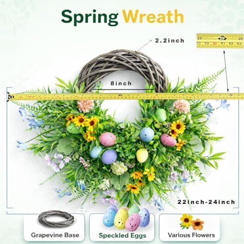 Easter Spring Wreath for Front Door, 24 Inch Handmade Floral with Pastel Eggs, Greenery and Sunflowers, Farmhouse Wall Decoration - Image 2