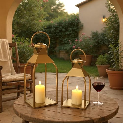 Decorative Metal Lanterns Indoor Outdoor, Candle Holder for Porch, Patio, Fireplace, Floor, Wedding, Christmas, Fall, Holiday, Farmhouse Table Centerpiece (Gold, Set of 2 15.7" 12") - Image 2