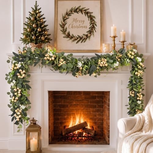 Riceshoot 6FT Christmas Garland for Mantel Fireplace, Artificial Eucalyptus Berry Garland, Rustic Farmhouse Boho Style Mantle Decor, Realistic Holiday Greenery for Xmas Party Wedding Indoor Outdoor - Image 6