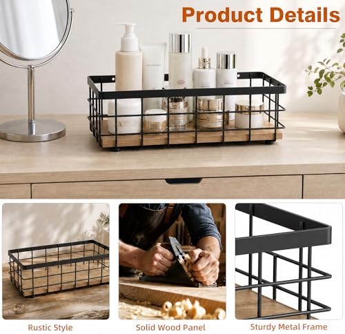 TJ.MOREE Small Metal Wire Basket, Decorative Wood Base Organizer for Bathroom, Kitchen, Basket for Toilet Paper Storage, Sugar Packet, Coffee Syrup, Guest Towel, Napkin(Black 2 Packs) - Image 6