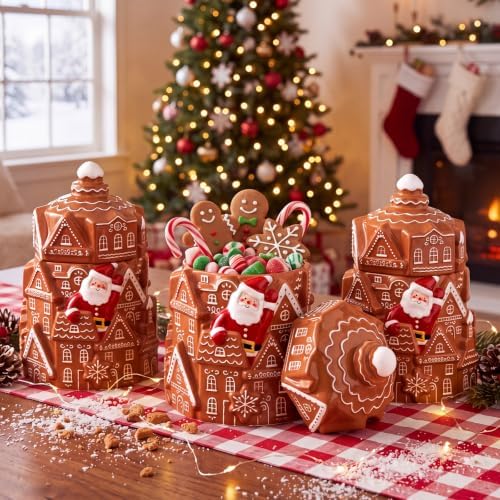 Vesici 8 Inch Christmas Ceramic Gingerbread House Cookie Jar with Lid - Image 4