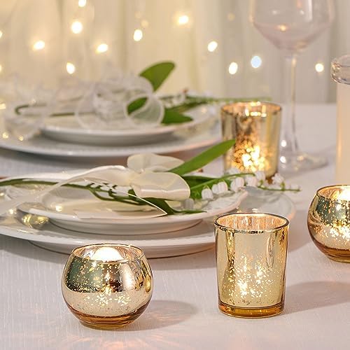 DEVI 48PCS Assorted Gold Votive Candle Holders Bluk, Gold Wedding Decorations, Mercury Glass Candle Holder for Tea Lights, Christmas Party Diwali Centerpieces for Table, Wedding Party Supplies - Image 3