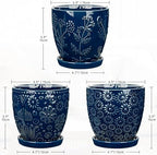 Hollyone Set of 3 Blue Ceramic Planter 6 Inch Flower Plant Pot with Drainage Hole and Saucer for Plants Embossed Indoor Outdoor Garden Embossed Ceramic Glazed Round Pot for Succulent Orchid - Image 2
