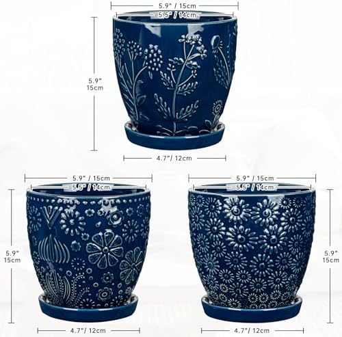 Hollyone Set of 3 Blue Ceramic Planter 6 Inch Flower Plant Pot with Drainage Hole and Saucer for Plants Embossed Indoor Outdoor Garden Embossed Ceramic Glazed Round Pot for Succulent Orchid - Image 2