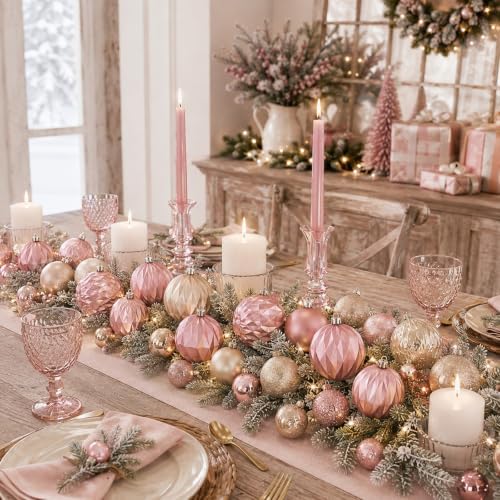 Lunmon 64 Pcs Blush Pink Champagne Gold Christmas Ornaments Xmas Bulbs - Image 6