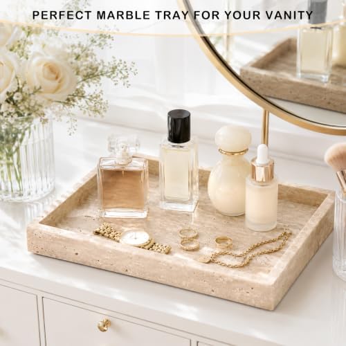 Marble Bathroom Tray for Countertop & Home Decor, Natural Decorative Marble Tray for Jewelry & Perfume Organizer, Stone Vanity Trays for Dresser, Kitchen Counter, 12" x 8", Beige Travertine - Image 6