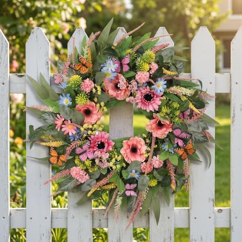 Wreaths for Front Door 26 Inch Spring Summer Wreath with Eucalyptus Leaves Pink Blooms Butterfly,for Year-Round Use Indoors and Outdoors as Wall, Door, Window, Party and Wedding Decorations - Image 2