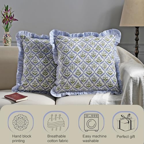 Ridhi Block Print Light Steel Blue Throw Pillow Cover 16" x 16" (Pack of 2) Decorative Cushion Covers with Ruffle for Couch, Sofa, Bed, Living Room, Home Decor Gift for Spring, Easter, Valentine - Image 5