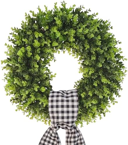 Boxwood Wreaths for Front Door Artificial Green Spring Summer Wreaths Farmhouse Door Hanger,Year Round Door Wreath Wedding and St Patricks Day Decorations Indoor Outside use- with Buffalo sash-20 by Vofuly