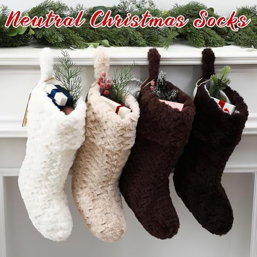 4 Pcs Neutral Personalized Christmas Stockings Bulk with Name Tags, Large Plush Rustic Farmhouse Xmas Stocking Decor for Fireplace Holiday Family(Dark Khaki Brown White Apricot,21 Inch) - Image 4