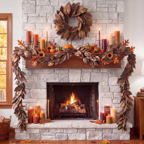 Yunlly Fall Magnolia Leaf Garland and Wreath Set, Brown Color, 2 Pcs - Image 2
