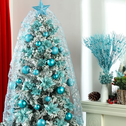 Realspring 72 Pieces Christmas Tree Ornament Set Xmas Assorted Decorations Bulk Glitter Poinsettia Berry Picks Topper Star Sequin Tree Skirts for Home Wreaths Holiday Party Favors (Turquoise) - Image 4