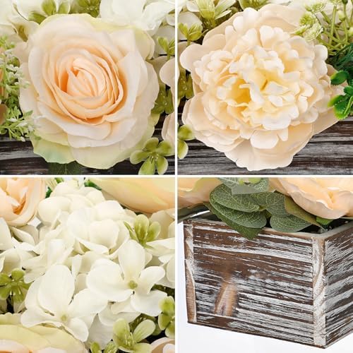 DILATATA Flower Arrangement with Wooden Vase 14" Artificial Flowers in Pot - Fake Flowers Roses Peonies Hydrangeas in Wooden Vase Potted Flower Centerpieces for Table Decor Living Room - Pale Yellow - Image 4