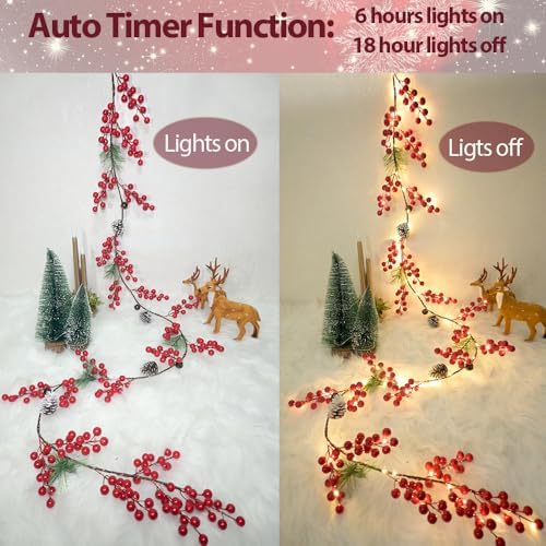 6.56FT Christmas Garland Decorations Red Berry Garlands with Lights 96 Fairy LED Lights Lighted Pine Garland for Mantle Fireplace Table Stairs Railing Xmas Tree Indoor Outdoor Winter Holiday Decor - Image 5