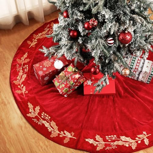 72 Inch Christmas Tree Skirt Velvet Xmas Tree Skirt with Gold Embroidery Holly Leaf Decorations for Christmas Party Favors Holiday New Year Decor (Red) by Sonwyoung