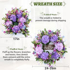 24" Spring Summer Wreaths Front Door with Hello Sign,Purple Hydrangea Wreath with Wildflowers Greenery Leaves,Eucalyptus Wreath for Front Door,Porch,Farmhouse,Wall,Window Outdoor Decor - Image 6