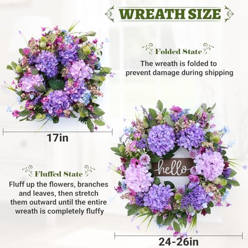 24" Spring Summer Wreaths Front Door with Hello Sign,Purple Hydrangea Wreath with Wildflowers Greenery Leaves,Eucalyptus Wreath for Front Door,Porch,Farmhouse,Wall,Window Outdoor Decor - Image 6
