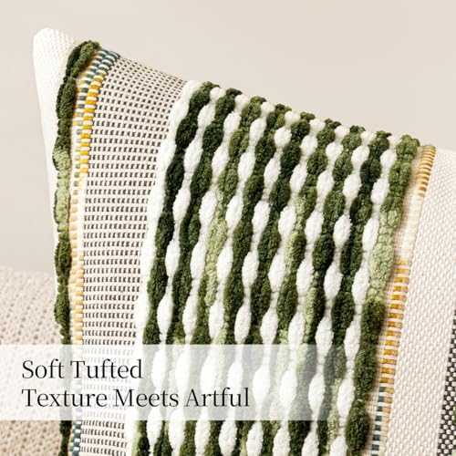 ANRODUO Boho Decorative Pillow Covers Olive Green Stripe 22x22 Pack of 2 - Image 6