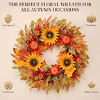 zjlmit Fall Wreaths for Front Door 24 Inch Artificial Fall Wreath with Orange Pumpkins Berries Maple Leaves and Grapevine Base Autumn Sunflower Wreath for Porch Harvest Festival Thanksgiving Day Decor - Image 3