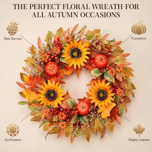 zjlmit Fall Wreaths for Front Door 24 Inch Artificial Fall Wreath with Orange Pumpkins Berries Maple Leaves and Grapevine Base Autumn Sunflower Wreath for Porch Harvest Festival Thanksgiving Day Decor - Image 3