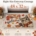 Fall Cat Welcome Mat 32x48in, Autumn Tabby Kitten in Plaid Scarf Doormat - Image 2