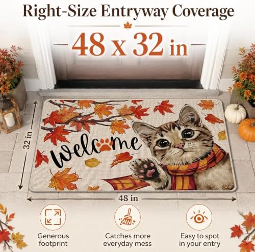 Fall Cat Welcome Mat 32x48in, Autumn Tabby Kitten in Plaid Scarf Doormat - Image 2