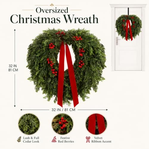 Suncalla 32''Christmas Wreath for Front Door Artificial Cedar Winter Wreath | Wreath with Berry and Ribbon, Lifelike Faux Pine Needle, Fake Greenery Wreath, for Porch Holiday Outdoor Xmas Decor - Image 2
