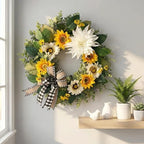 CYANBLOOM 24 Inch Summer Front Door Wreath – Modern Farmhouse Cream White & Yellow Sunflower Dahlia Wreath with Buffalo Plaid Bow, Outdoor Porch Wall Decor All Season, Housewarming Wedding Gift - Image 4