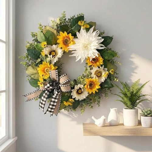 CYANBLOOM 24 Inch Summer Front Door Wreath – Modern Farmhouse Cream White & Yellow Sunflower Dahlia Wreath with Buffalo Plaid Bow, Outdoor Porch Wall Decor All Season, Housewarming Wedding Gift - Image 4