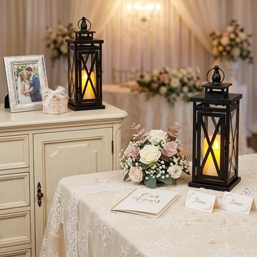 TRIROCKS Set of 2 Deacorative Candle Lantern 11'' High Metal Candle Holder Hanging Lanterns with Tempered Glass Perfect for Indoor Outdoor Home Decor Parties Garden Events Wedding (Black) - Image 3