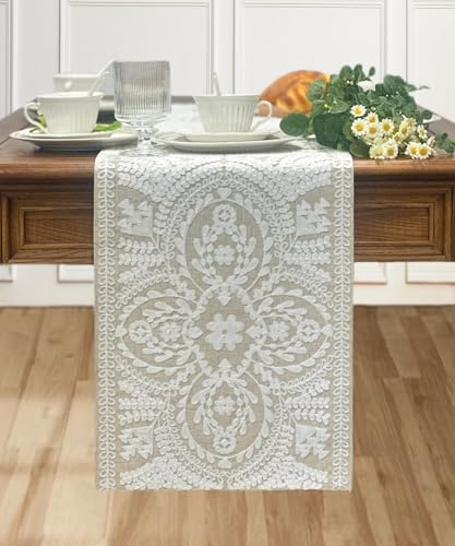 KEVA Boho Table Runner 110inches Long, Farmhouse Rustic Vintage White Embroidered Table Runners 13x110 Inch for Dining Table Decorations - Image 2