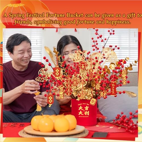 Demonwer Chinese New Year Artificial Potted Plant Luck Bucket Red Fruit and Gold Leaves Artificial Potted Flower Spring Festival Flower Blessing Bucket for Indoor Home Office Shelf Tabletop Decor - Image 4
