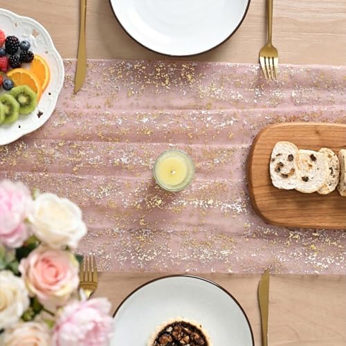Artoid Mode 10Pcs Pink Gauze Gold Table Runner 10FT, Glitter Metallic Foil Sheer Dining Wedding Anniversary Holiday Table Decor for Home Party - Image 3
