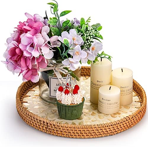 Frcctre 2 Pack Round Rattan Tray with Mother of Pearl Inlay, Rattan Serving Tray with Wooden Base, Decorative Wicker Basket for Bread Fruit Food Coffee Breakfast, Storage and Display, 2 Sizes - Image 4