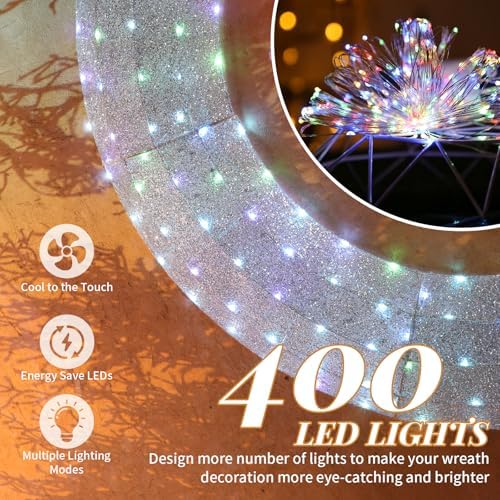 VINGLI 60IN Prelit Outdoor Christmas Wreath Decoration, Large Silver Lighted Metal Front Door Garland with Pink Bow, 280 RGB & Red LED Lights for Gate Wall Porch Indoor Outdoor Holiday Party Decor - Image 5
