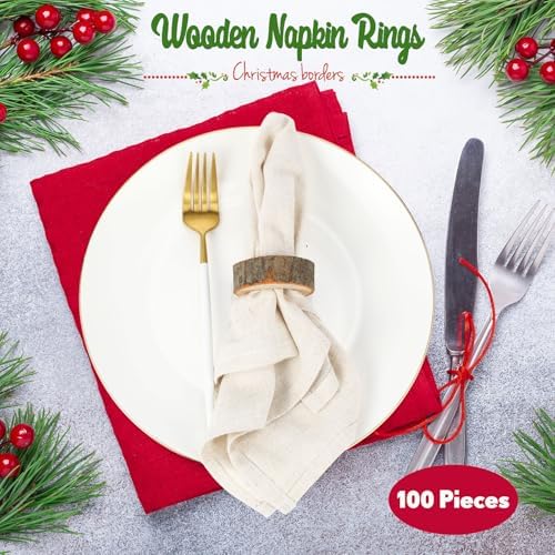 LemonRoad Set of 100 Wooden Napkin Ring Handcrafted Wooden Napkin Holder Rustic Dinner Ring Buckle Party Gift Farmhouse Table Decoration for Dining Wedding Birthday(Bark Style,2.17-2.76 Inches) - Image 2