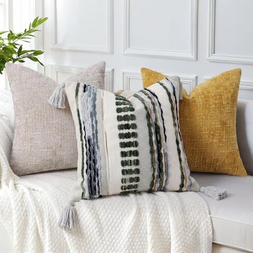 NUYECY Boho Throw Pillow Covers 18x18 Aesthetic Neutral Boucle Couch Pillow Cover Rainbow Striped Decorative Accent Pillow Case for Couch Bed Sofa Farmhouse Bedroom,Modern Funky,Set of 2 Sage Green - Image 5