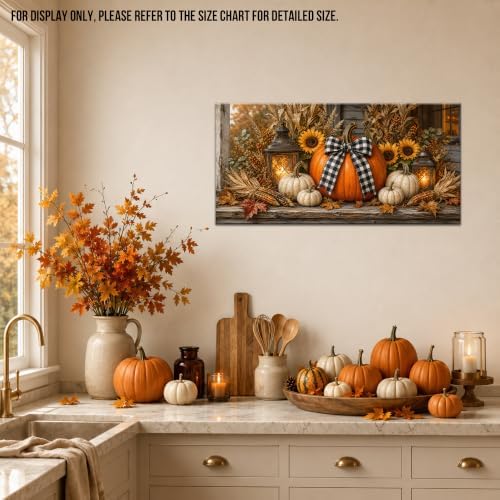 WAXWHELK Pumpkin Fall Canvas Wall Art, Lanterns Sunflowers and Gingham Bow Rustic Farmhouse Painting Pictures, Pumpkin Autumn Thanksgiving Artwork Decor for Bedroom Living Room (12"x24") - Image 3